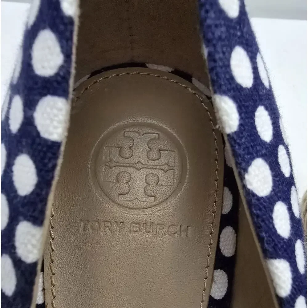 Tory Burch Dory Navy/White Polka Dot Wedge Espadrille Women's Bow Peep Toe Sz 9 - Picture 5 of 10